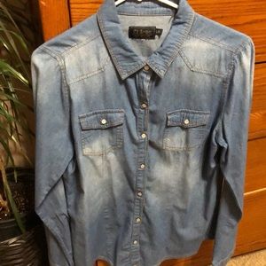 Distressed denim long sleeve shirt